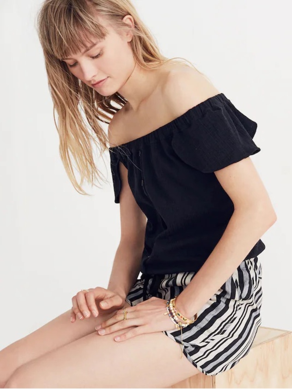 Madewell Texture Thread Black Off The Shoulder Button Front Tie Cinch Top XS